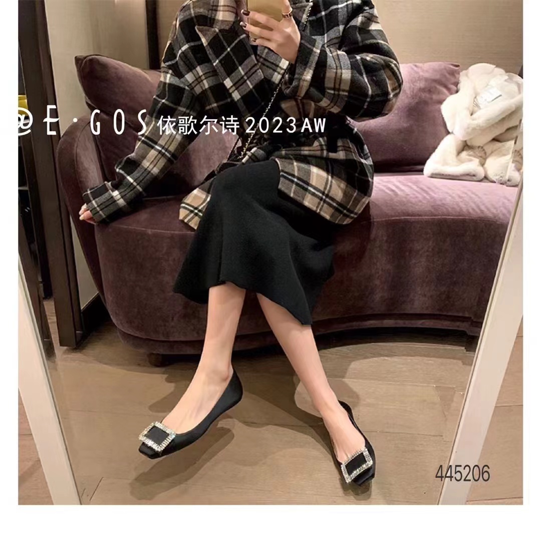 欧版女鞋2024新款方头水钻方扣浅口平跟单鞋女豆豆鞋EGES  445206