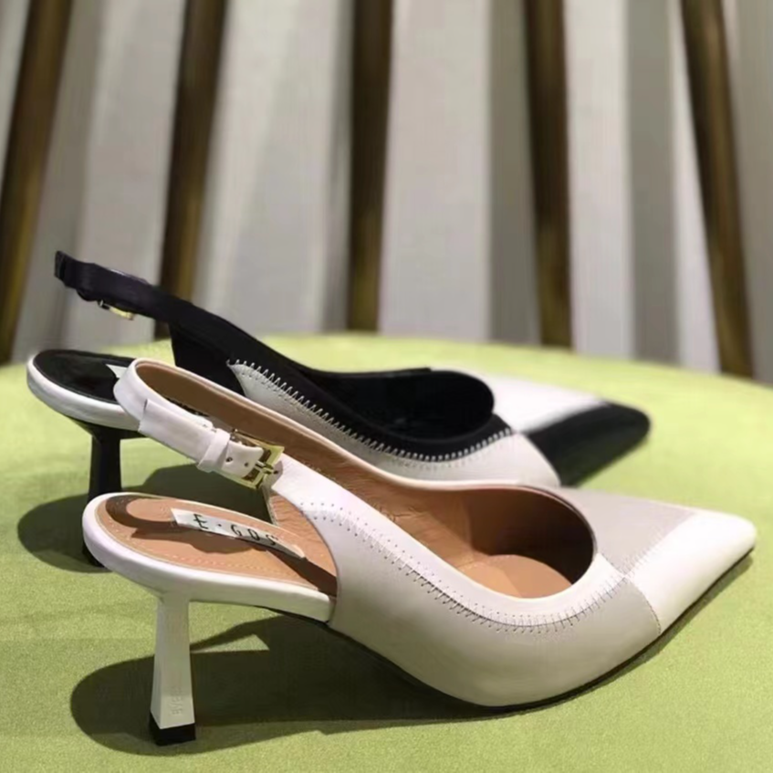 尖头细跟凉鞋女2024新款真皮后空拼色气质女鞋 EGES 13228-6