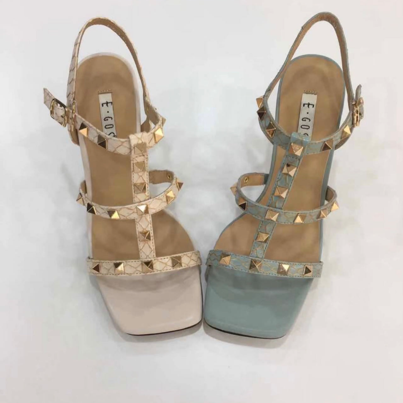 2024夏季新款铆钉百搭一字带高跟鞋女细跟凉鞋  EGES 37258-88