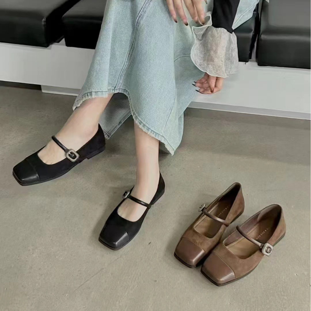 复古方头玛丽珍女2024秋冬新款平 底一字扣小单鞋LM 305-2