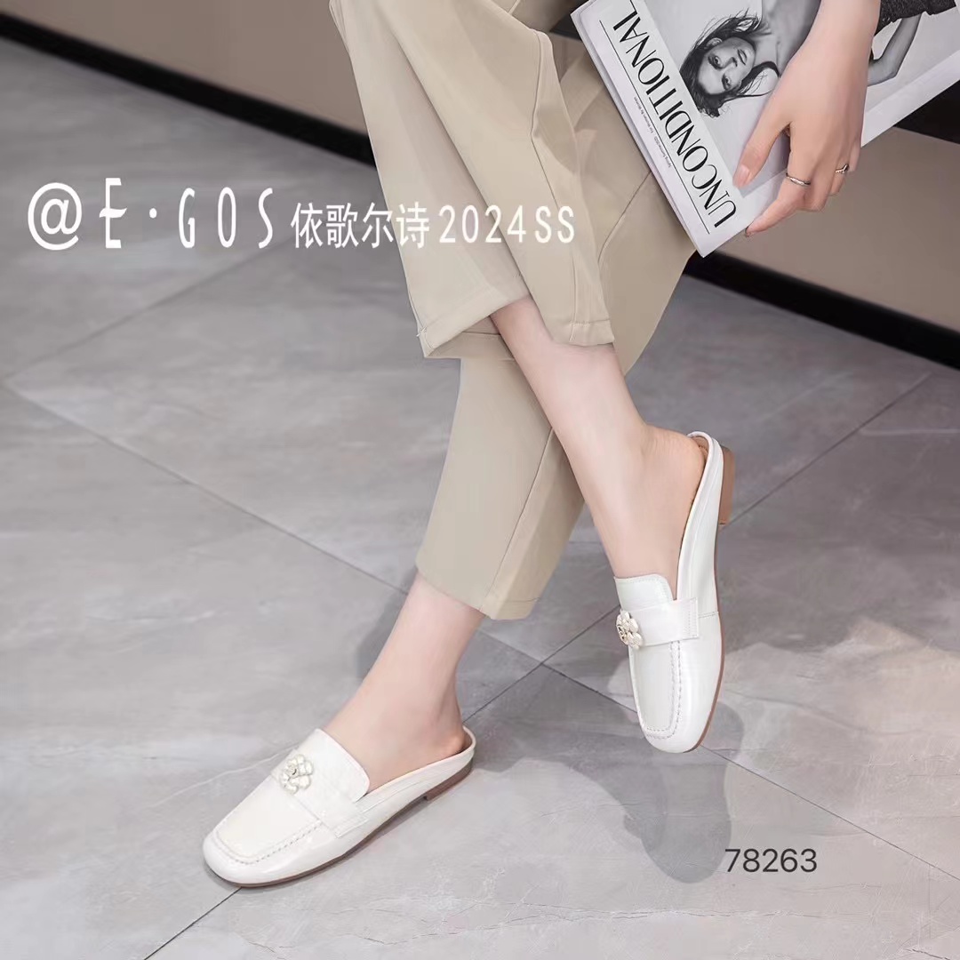 2024夏季花朵珍珠包头拖英伦半拖鞋外穿舒适漆皮单鞋 EGES  78263