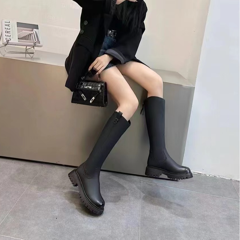 厚底高筒靴2024秋冬款后拉链英伦风不过膝长靴 CSMY 599-7
