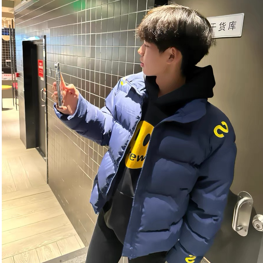 美式街头字母刺绣棉服男女冬季情侣宽松保暖面包服棉衣藏蓝色外套