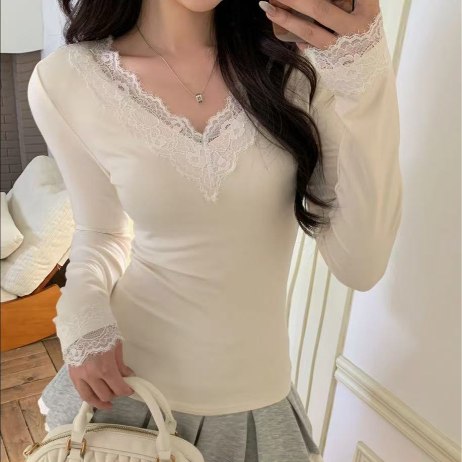 纯色长袖修身显瘦内搭外穿时尚百搭简约蕾丝加厚加绒女士套头打底
