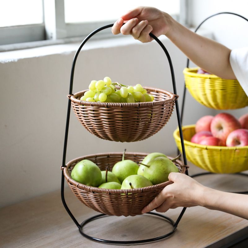 桂味源双层塑藤编客厅果篮多层置物茶几沥水北欧手提零食收纳盆