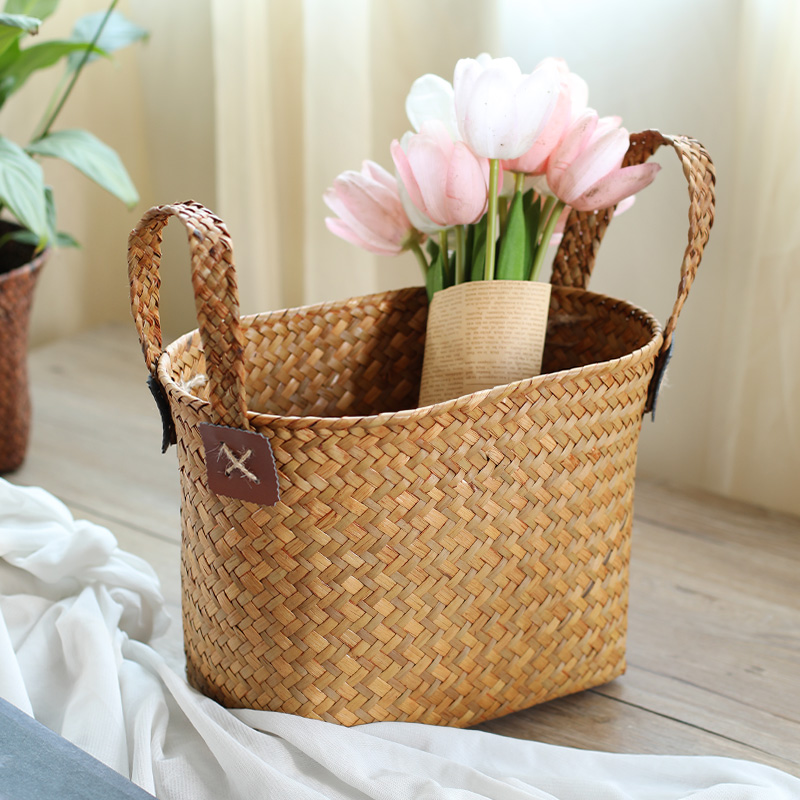 桂味源草编收纳篮客厅杂物整理玩具储物筐日式编织椭圆干花插花篮