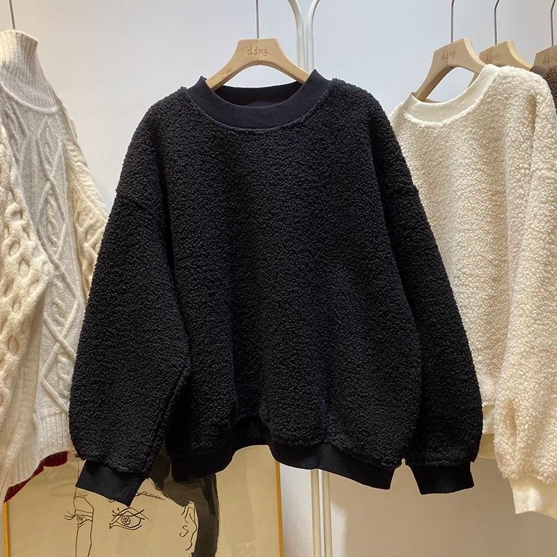 秋冬时尚加厚卫衣女上衣2023韩系宽松复古圆领绒衫套头外套
