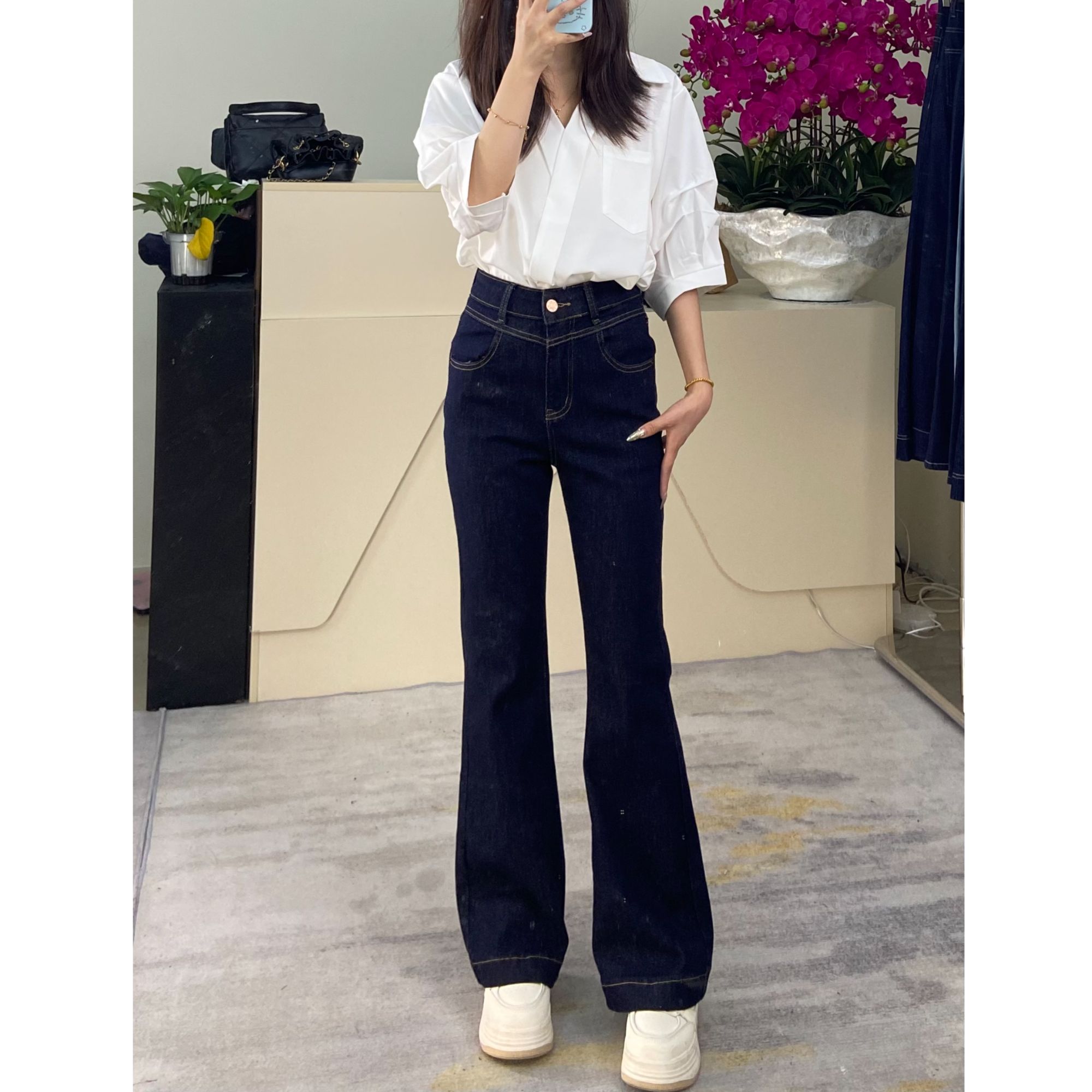 （断码捡漏）3106修身弹力微喇裤丹宁蓝高腰秋款显瘦牛仔裤喇叭裤