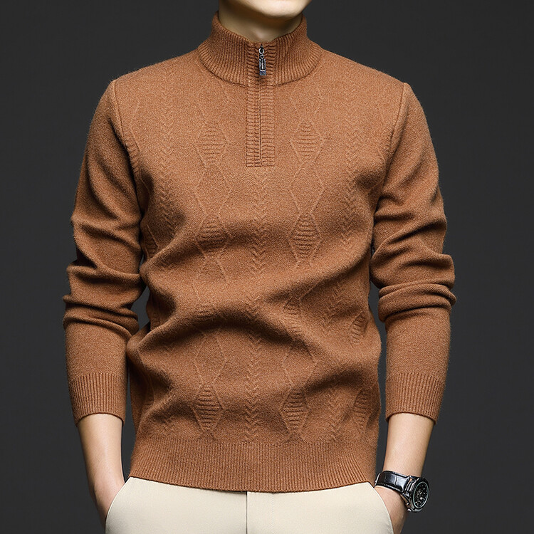 冬季新款半高领拉链加厚100%纯羊毛衫男士中青年保暖韩版针织毛衣