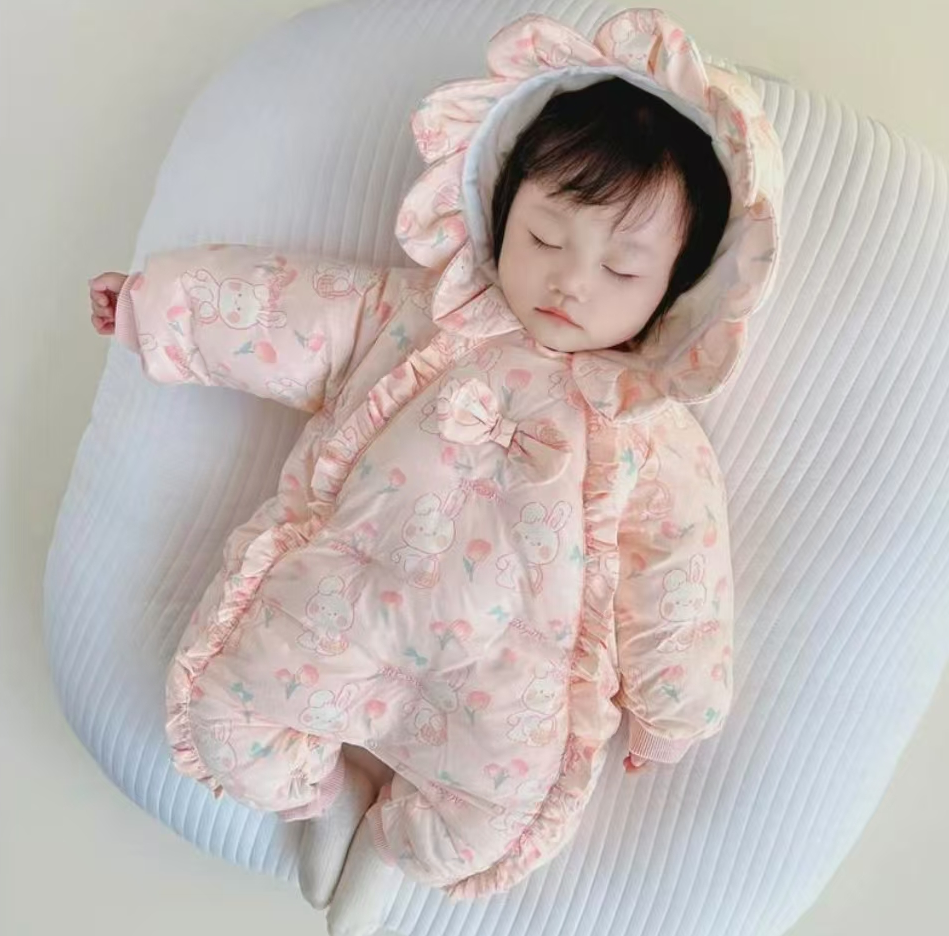 婴儿衣服冬装夹棉加绒加厚新生儿连体棉服女宝宝棉衣外出爬服冬季