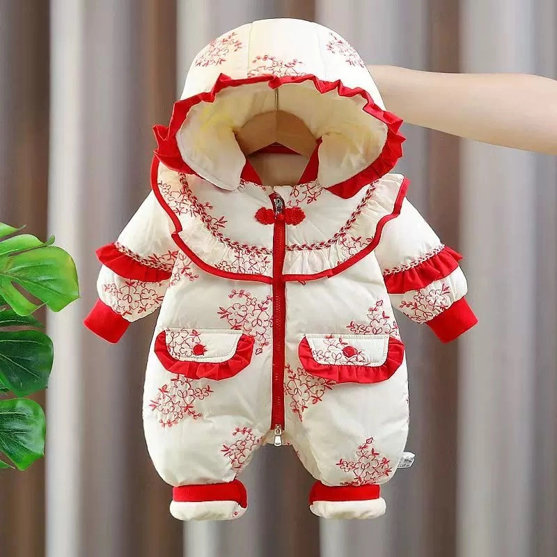 新生婴儿连体衣女宝宝外出国风百天加绒哈衣爬服冬季新年拜年服