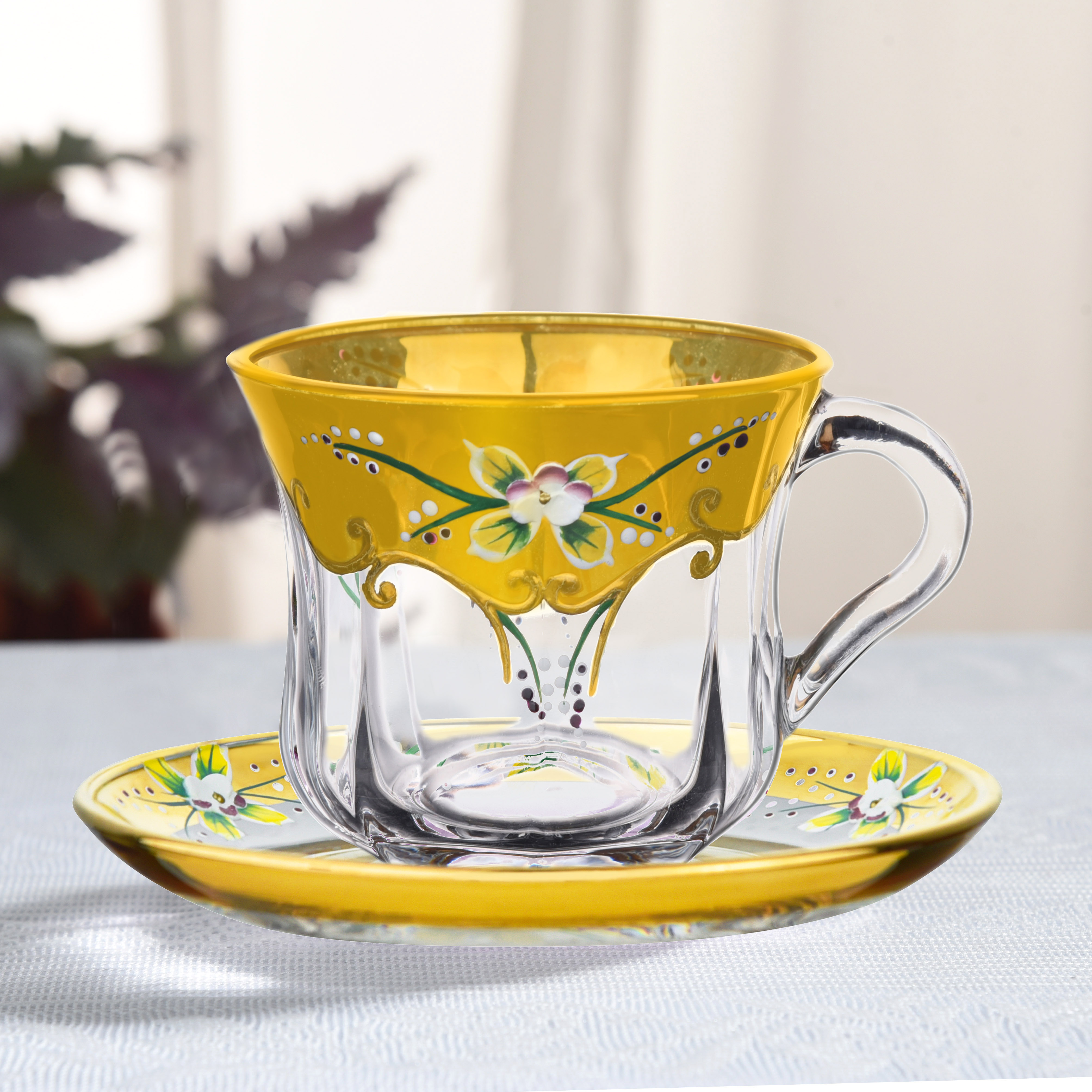 真金珐琅花咖啡杯配咖啡底碟 轻奢欧式珐琅彩杯碟高档家用金边