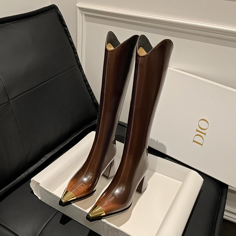 克妮米亚 2024年时尚百搭真皮高跟秋冬长筒瘦瘦靴粗跟骑士尖头