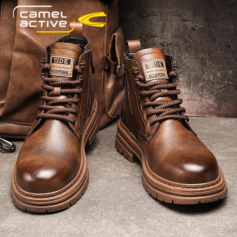 骆驼动感马丁靴男款英伦风工装靴子秋冬加绒男鞋高帮复古男士皮鞋