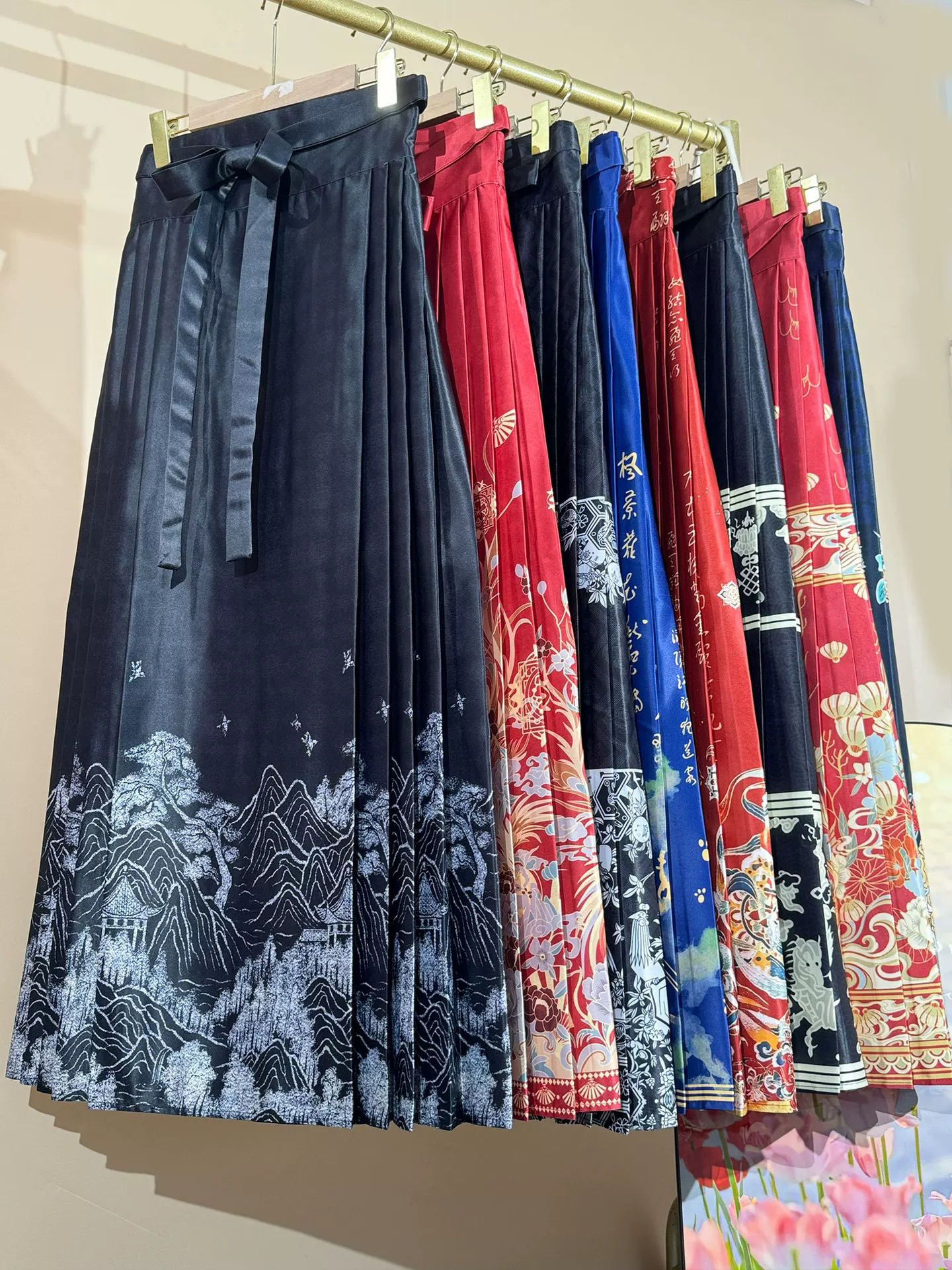 一片式系带国风印花马面裙高腰显瘦通勤长款半身裙复古中国风