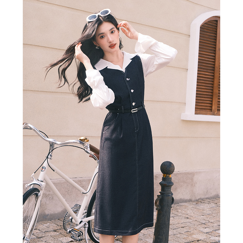 秋水伊人韩系气质气质牛仔连衣裙显瘦套装女衬衫裙624307A010098