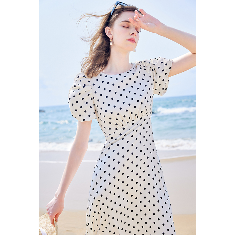 秋水伊人黑白波点雪纺连衣裙2024年夏季新款女623205C020705