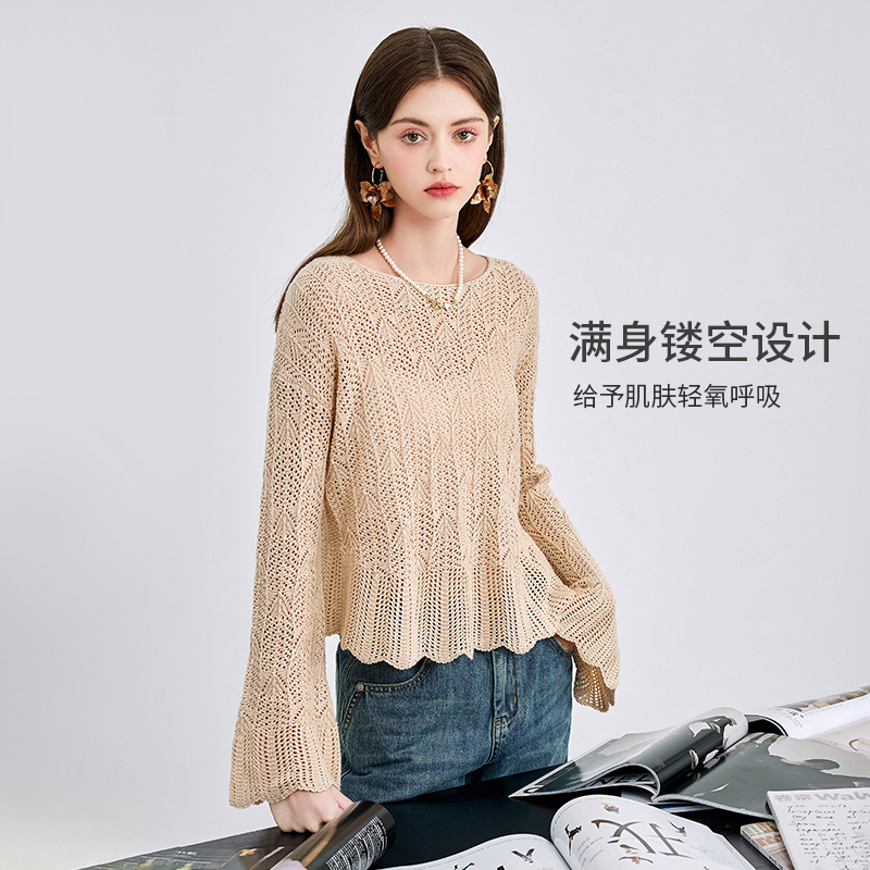 秋水伊人圆领针织衫2025春季新款女镂空喇叭袖短款624102C100443