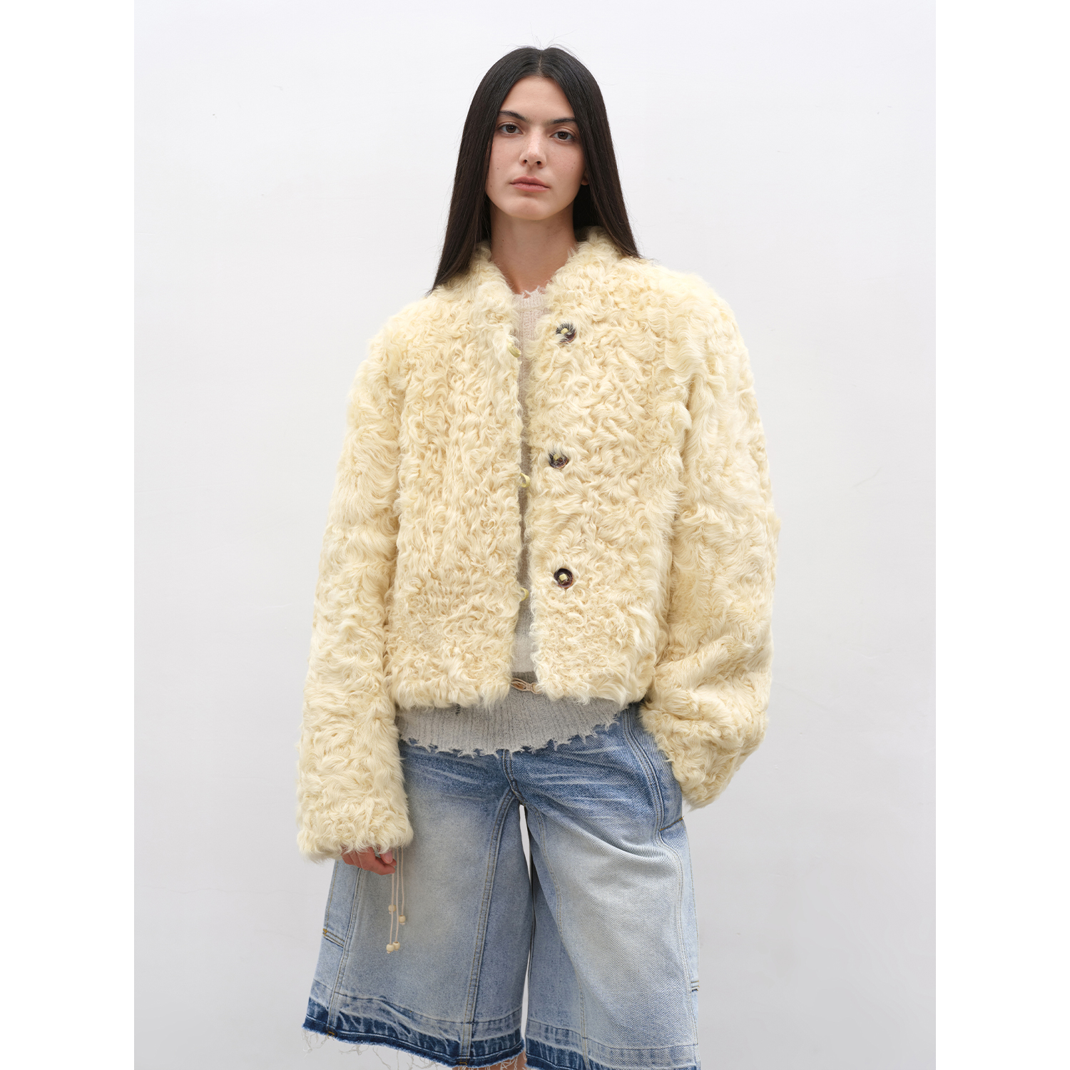 付智恩 小熊心事 新西兰进口羊卷毛皮毛一体外套羊羔毛皮草大衣冬