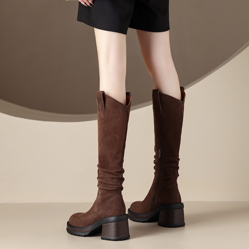 高跟高筒靴女2023新款粗跟不过膝长靴褶皱口骑士靴子