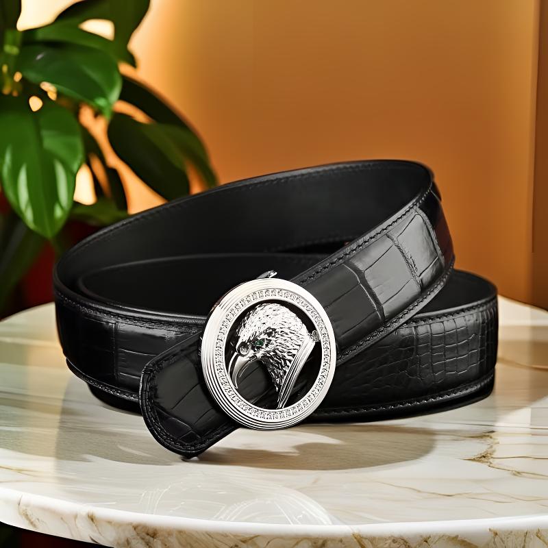 新款暹罗鳄鱼皮男士皮带不锈钢老鹰头板扣真皮皮带鳄鱼骨皮腰带男