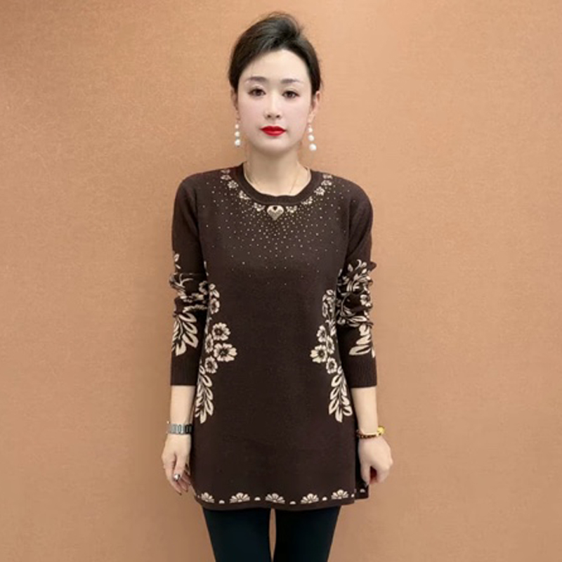 2024新款妈妈装女豹纹针织衫毛衣春秋冬宽松遮肉中长款打底衫上衣