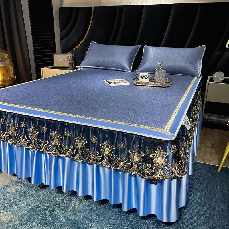 2023新款冰丝凉席床裙冰藤席可水洗机洗席子三件套蕾丝夏季折叠式