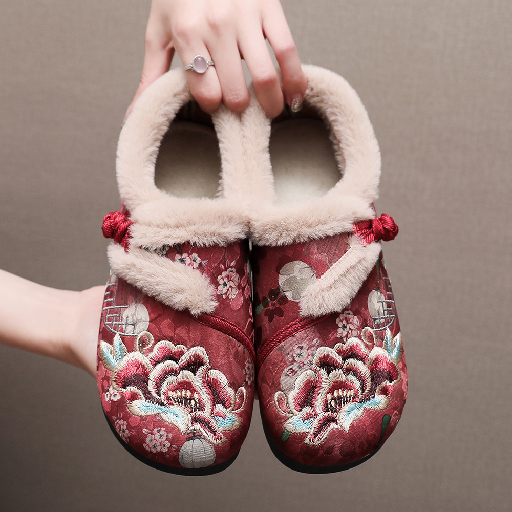冬季老北京布鞋新中式汉服绣花鞋女棉鞋加厚软底妈妈鞋子保暖防滑