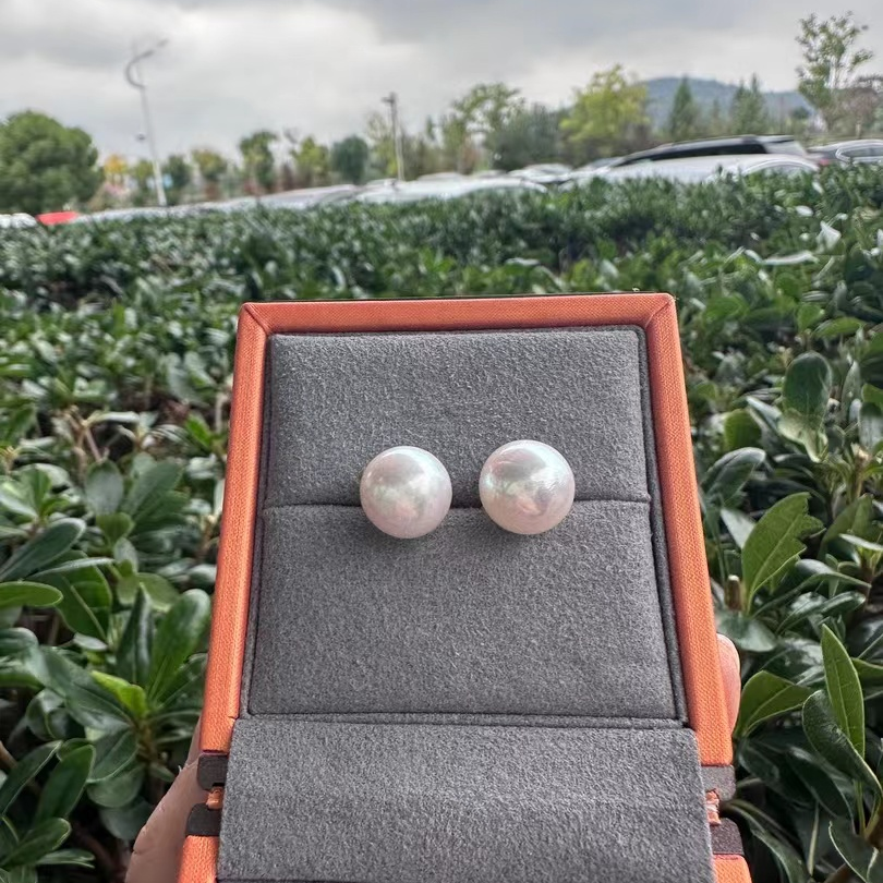 天然淡水珍珠耳钉正圆极光耳钉10-11mm素耳钉S925银百搭轻奢