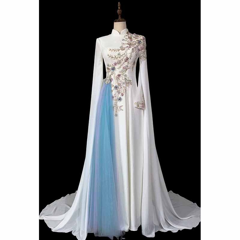 长款大气中国风飘逸白色水䄂艺考声乐民歌礼服