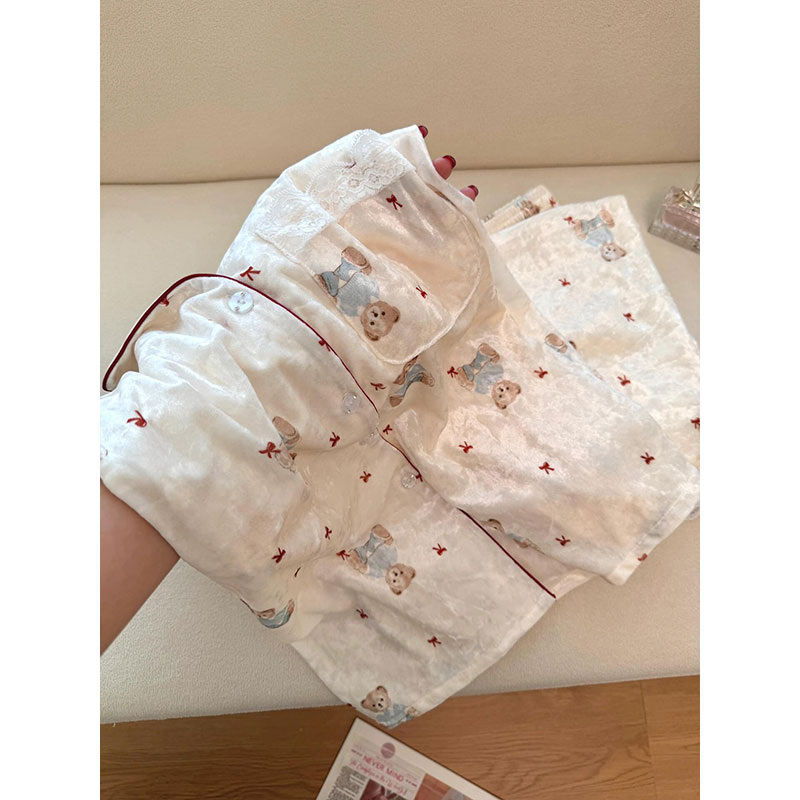 【晚安小熊】纯欲蕾丝边印花金丝绒睡衣女秋冬季保暖可外穿家居服