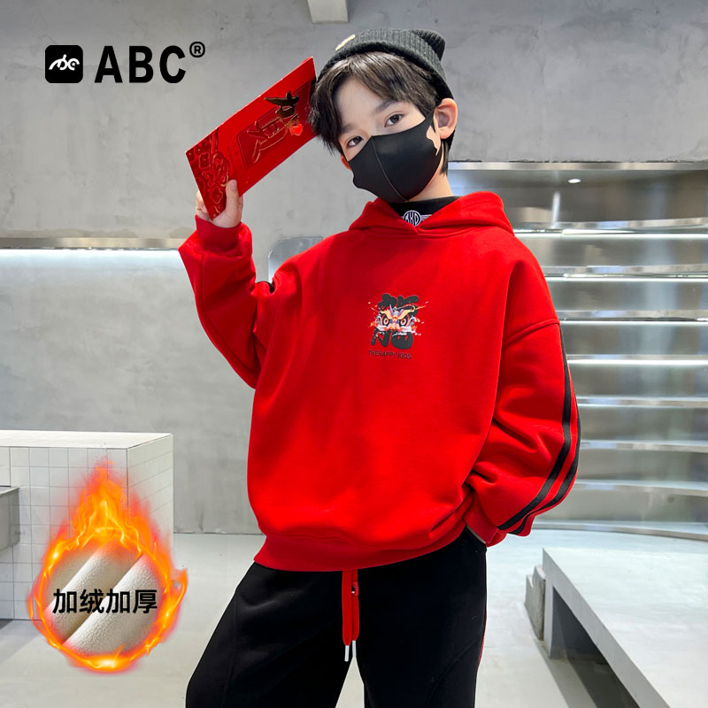 ABC男童冬季加绒保暖卫衣2023新款中大童冬款中国风红色连帽上衣