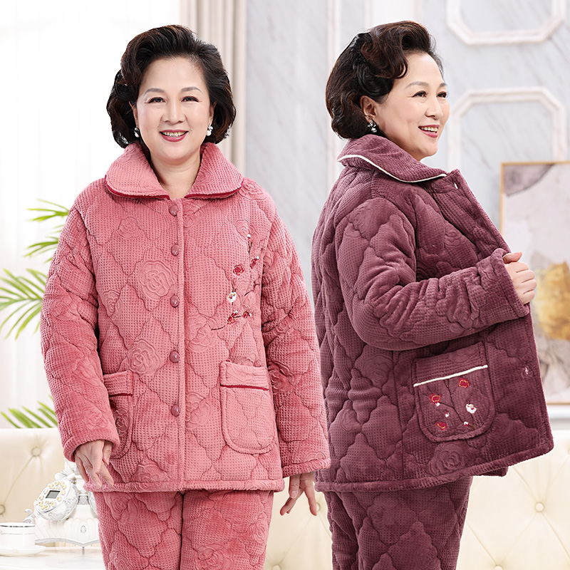 女士冬季中老年夹棉牛奶绒大码家居服三层加厚老人法兰绒睡衣梅花
