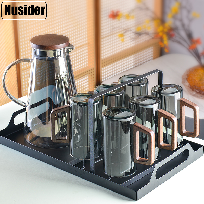 黑胡桃手柄玻璃杯套装家用喝水杯子耐高温冷水壶轻奢客厅水具把手