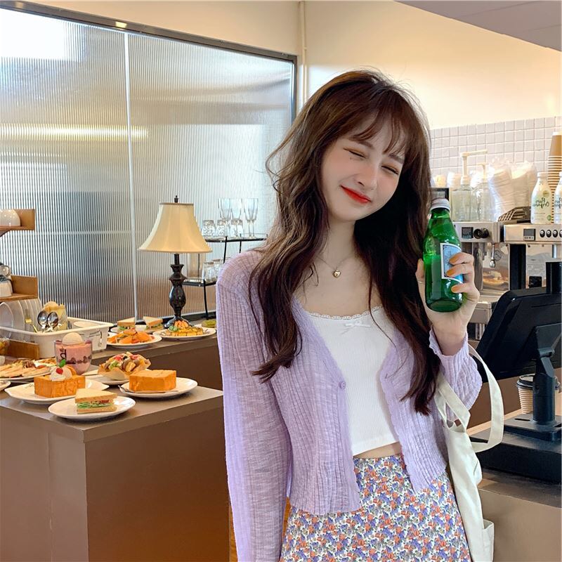 2025夏季短款防晒长袖针织衫气质V领一粒扣薄款外搭空调吊带长裙