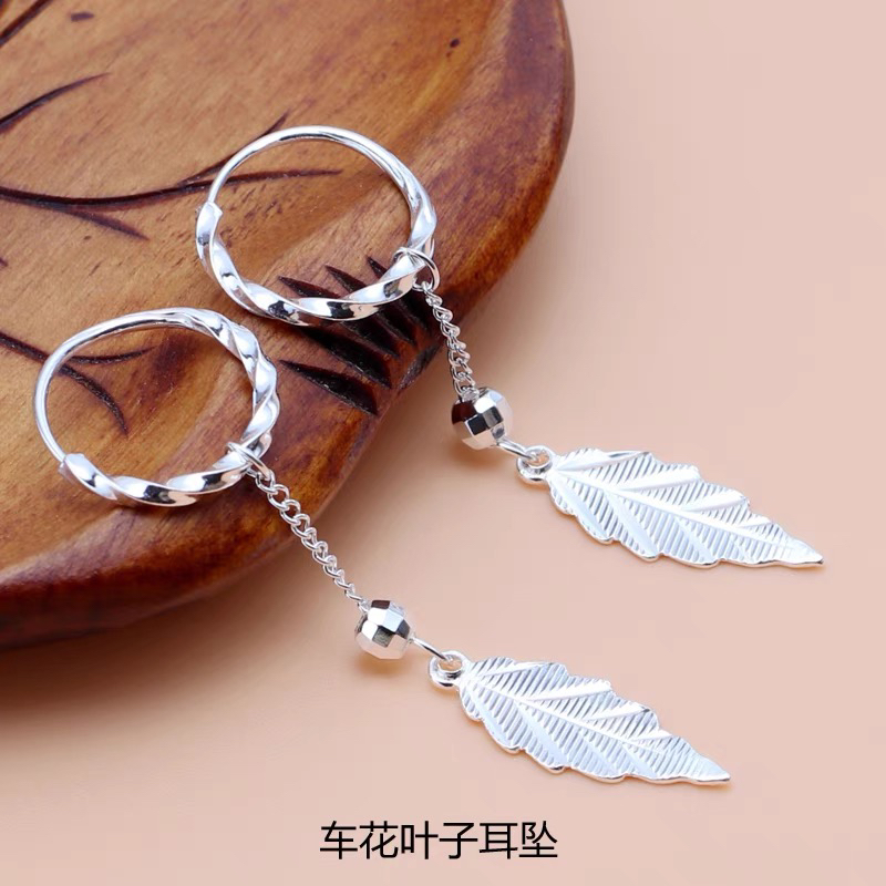 足银耳饰 999纯银叶子耳环女气质甜美长短款流苏枫叶耳坠树叶耳饰