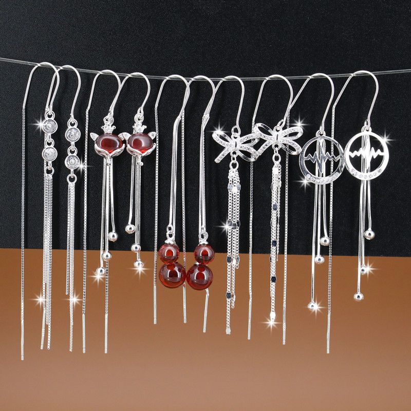 足银耳饰 纯银耳环990长款流苏耳线女气质时尚网红防丢耳饰银耳坠