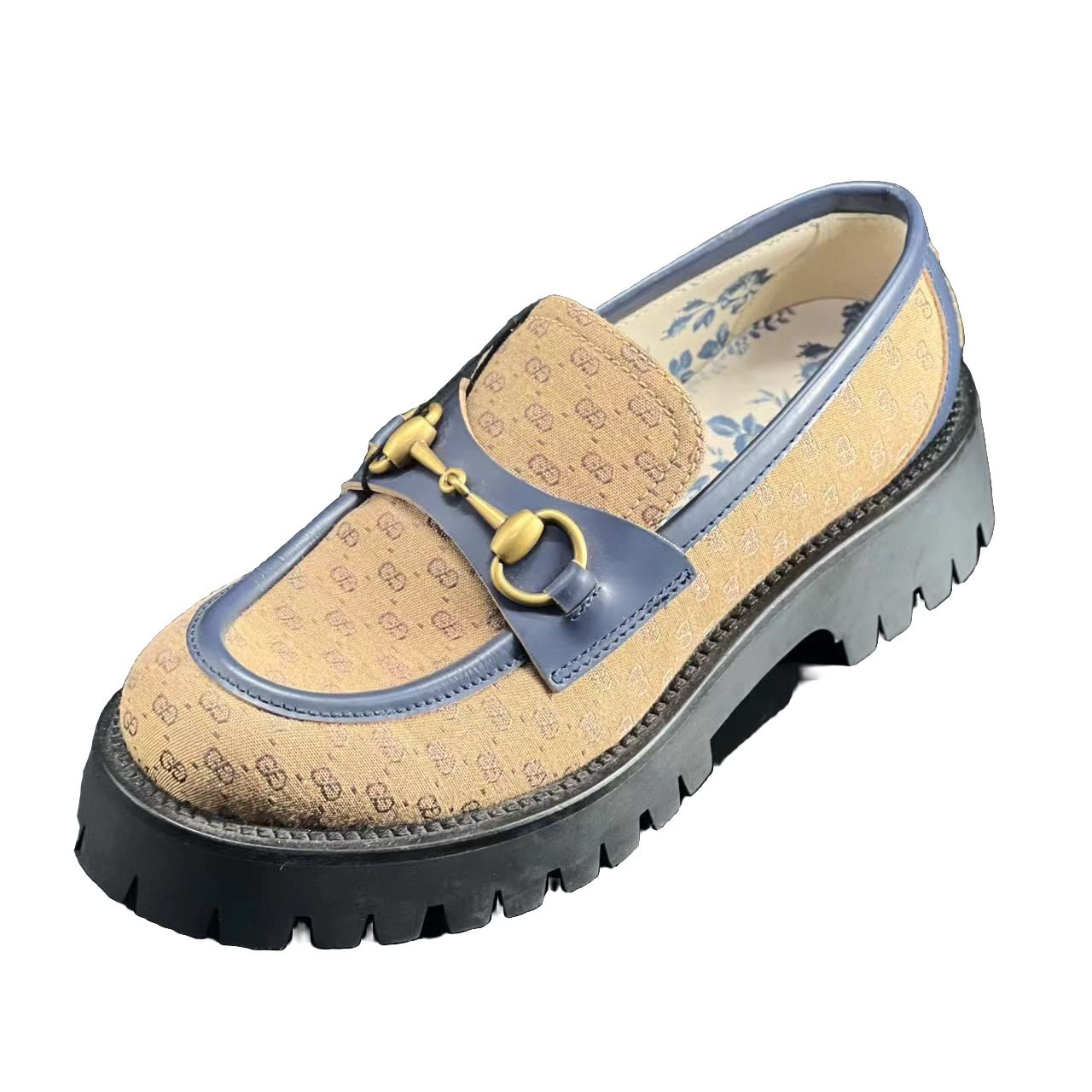99新 GUCCI/古驰 37码/棕色印花时尚厚底女士马衔扣乐福鞋  918  