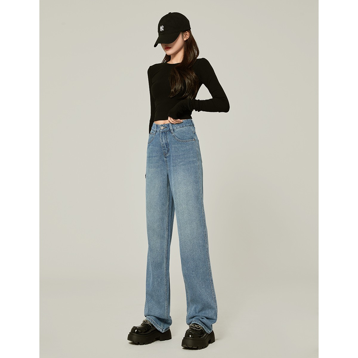 【高货断码清】窄版阔腿直筒牛仔裤女2025新款高腰显瘦小个子高个子