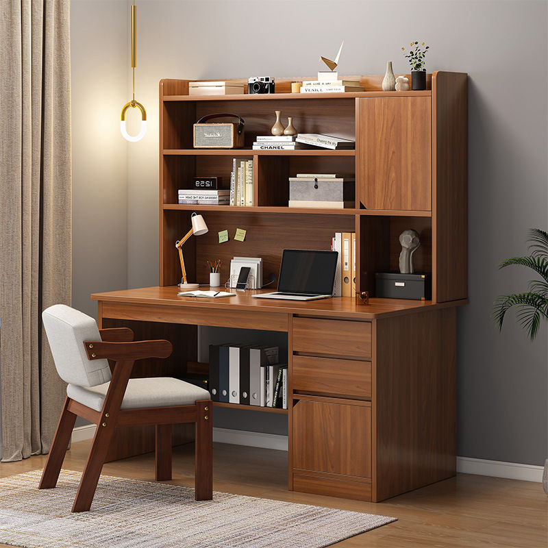 书桌书架一体实木色电脑桌台式家用学习桌子卧室学生写字桌椅套装
