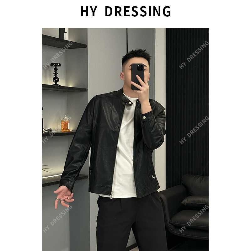 【HY穿搭】早秋立领PU皮衣夹克青年合身软糯帅气雅痞时尚外套男7802