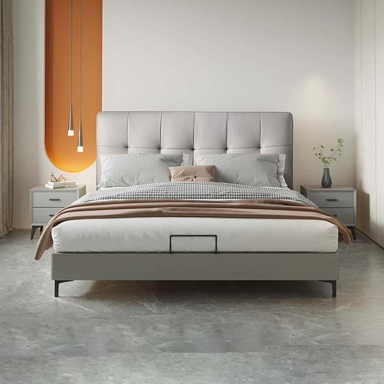 头层牛皮轻奢简约床北欧双人床婚床家用免洗意式极简软体床储物
