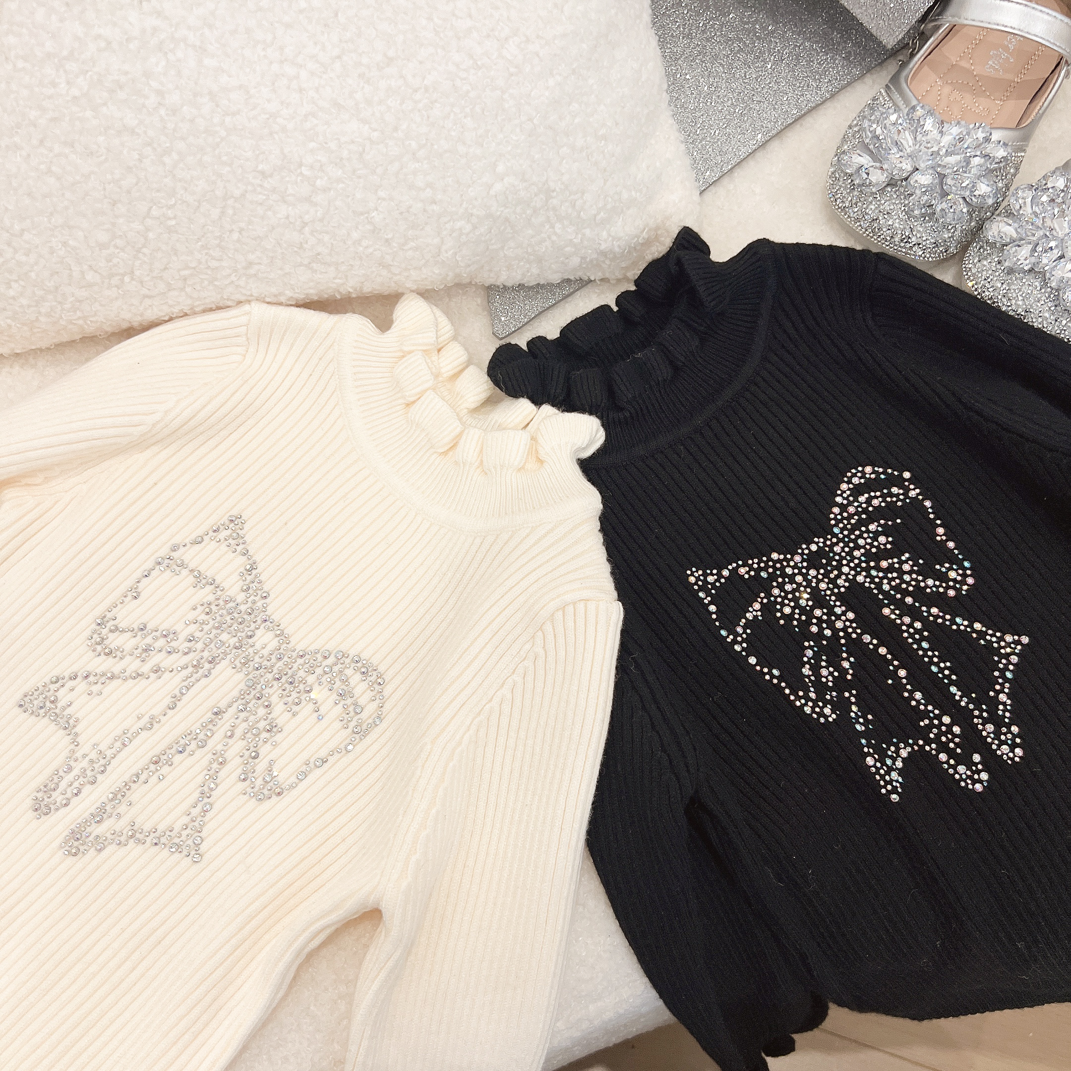 【馒头妈妈】【现货】蝴蝶结烫钻针织毛衣秋冬女童柔软精致大方百搭