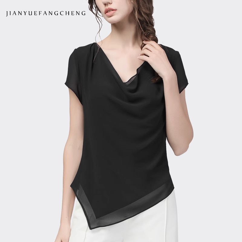 欧洲站雪纺上衣女夏短袖气质不规则黑色显瘦v领洋气小衫SC15596