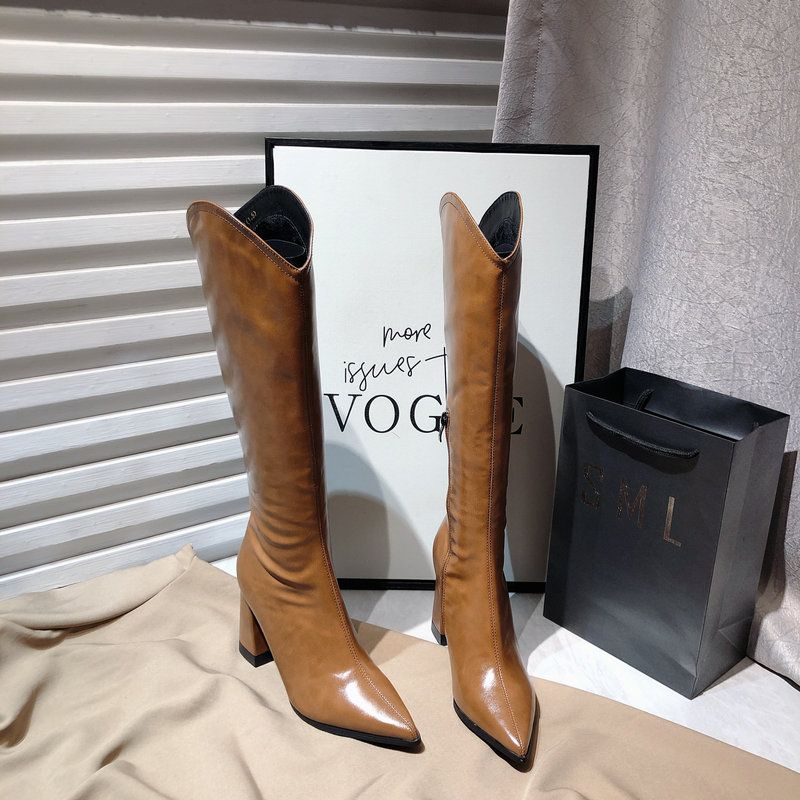 2024冬季新款保暖复古粗跟尖头长靴女不过膝高筒骑士靴V口牛仔靴