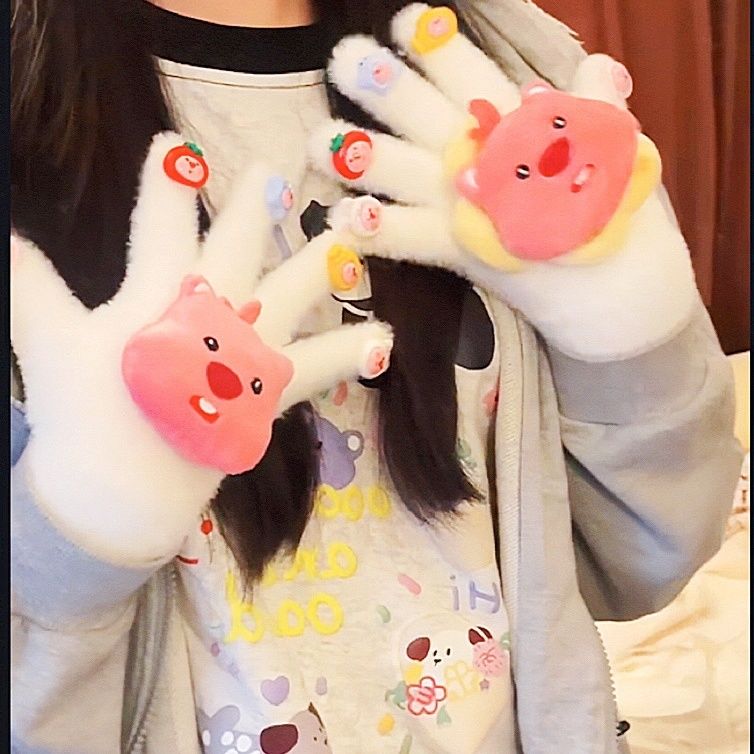 小海狸手套可触屏玩手机手套秋冬款保暖学生骑车毛绒暖和情侣手套