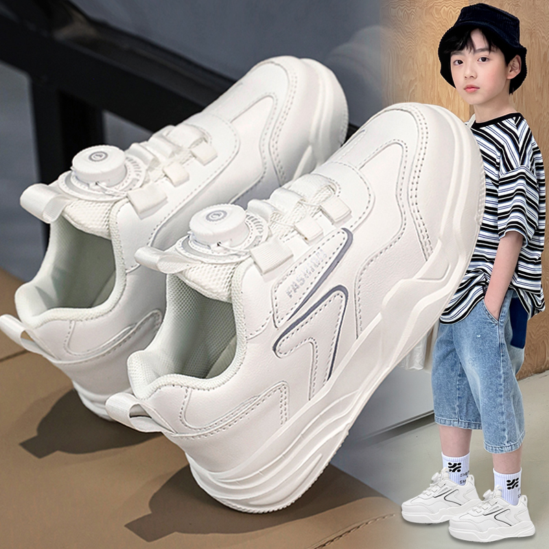 回力潮品男童小白鞋秋冬2023新款旋转扣皮面儿童鞋男孩软底运动板