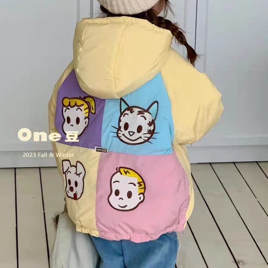 冬季印花女童棉服加绒加厚连帽外套儿童卡通拼色韩版洋气保暖棉袄
