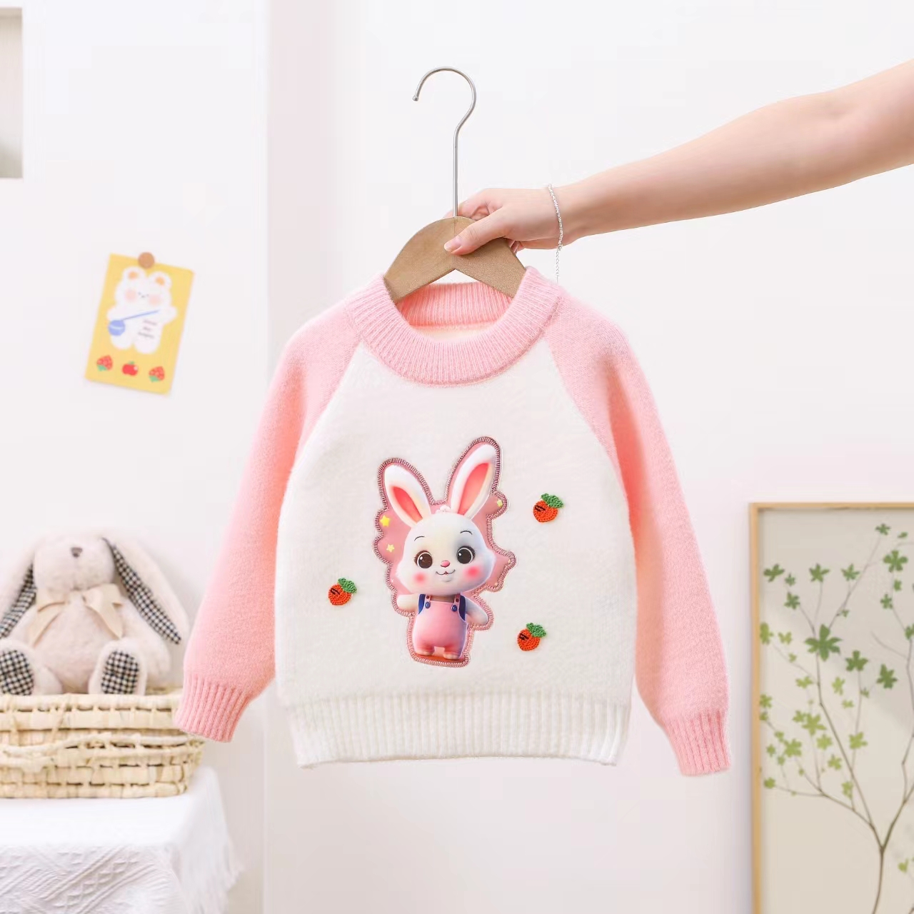 女童针织衫小兔儿童斜肩立体针织洋气女童淑风毛衣女宝童装百搭