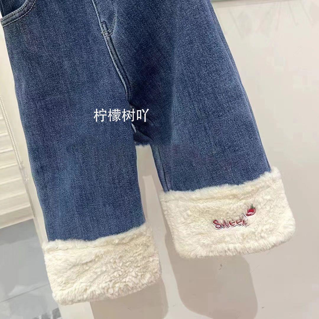 新品时尚女童保暖加绒牛仔裤秋冬洋气女裤子儿童刺绣加厚一体绒裤